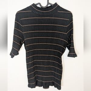 VINCE Mockneck Short Sleeve Tshirt Ribbed Slub Stripe - Black Brown - Size L